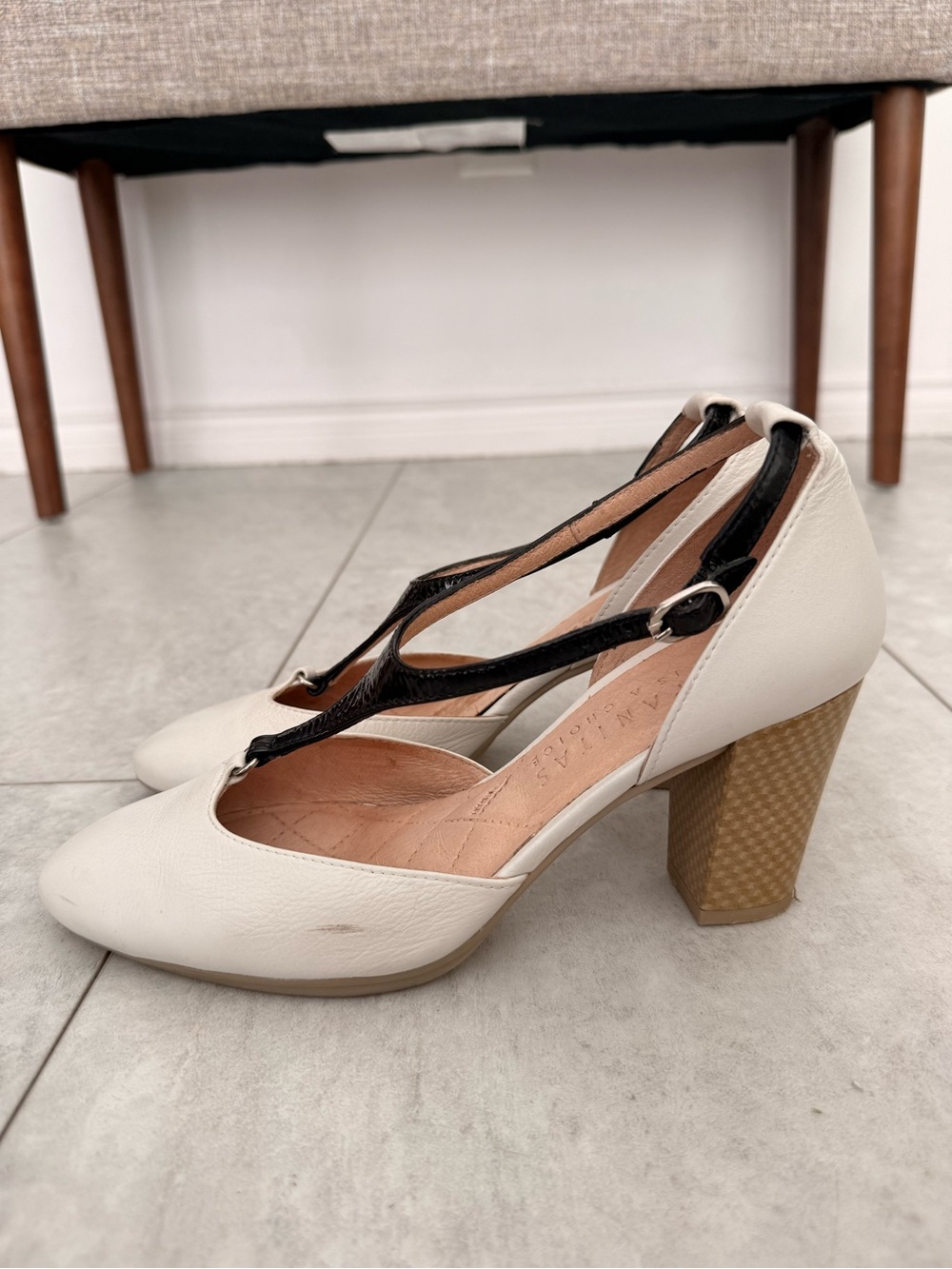 T-Strap Heels in Cream and Black — Classic Women's Dress Shoes - Picture 4 of 6